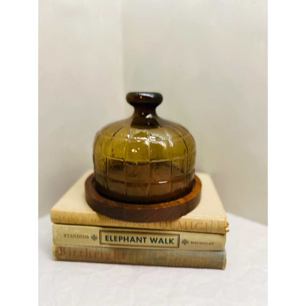 Vintage MCM Amber Glass Waffle Pattern Cheese Dome with Wood Base Cloche